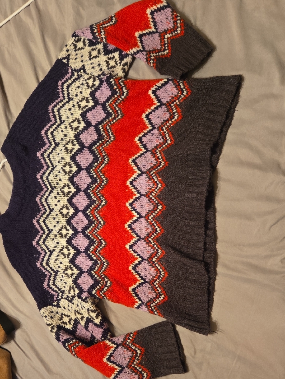 aerie Multicolor Fair Isle Crewneck Sweater in Red, Purple, Navy